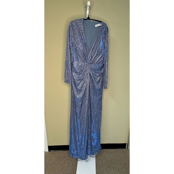 Mac Duggal NWT Metallic Twist Front Plunging Maxi Gown in Blue Shimmer Size 2 - Picture 4 of 7
